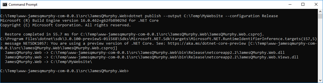 Running dotnet publish from the command prompt