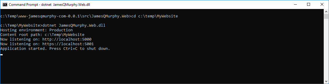 running dotnet run JamesQMurphy.Web.dll from the command line