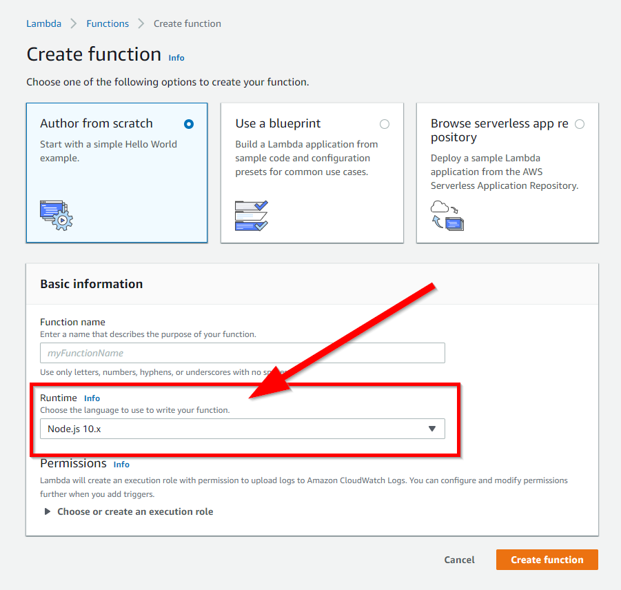 AWS Lambda Runtime Dropdown