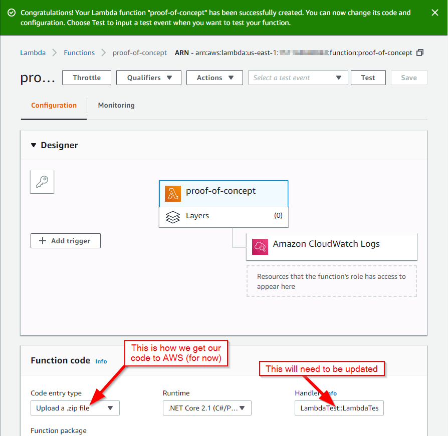 AWS Lambda Function successfully created, but still empty