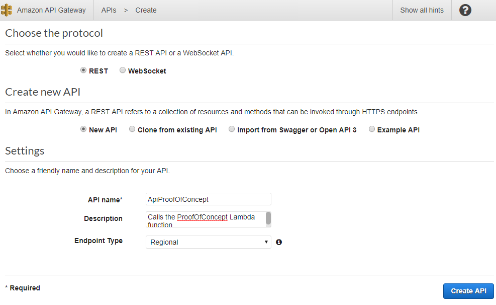 AWS Console - Creating a new Gateway API