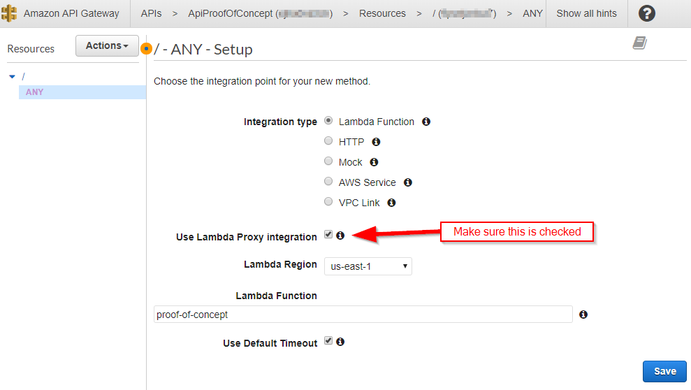 AWS Console - Setup page for new ANY method.  Integration type has options Lambda Function (selected), HTTP, Mock, AWS Service, and VPC Link.  