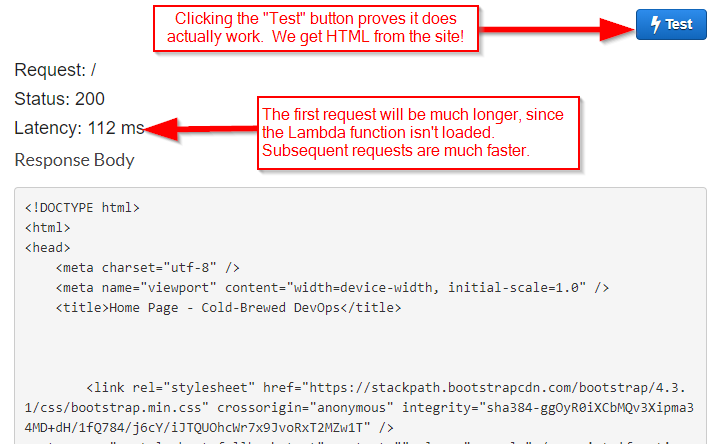 AWS Console - showing a successful test of the root method with outputs Request: / Status: 200  Latency: 112 ms  and Response Body with HTML.  Latency is highlighted with comment 