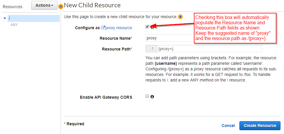 AWS Console - New Child Resource screen with 