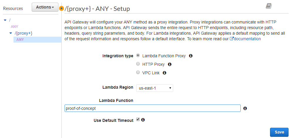 AWS Console - /{proxy+} ANY method setup screen with integration type options 