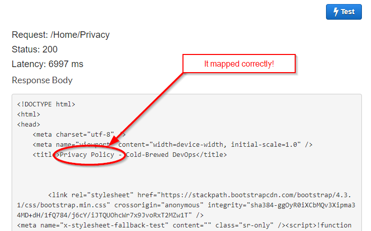 AWS Console - showing a successful test of the root method with outputs Request: /Home/Privacy Status: 200  Latency: 6997 ms  and Response Body with HTML with content 