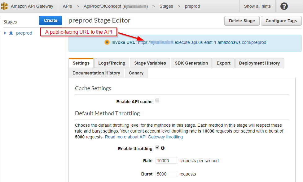 AWS Console - preprod stage editor screen with the Invoke URL highlighted with the comment, 