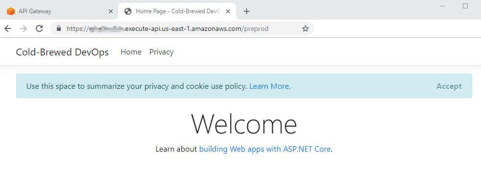 A browser with the invoke URL in the address bar, successfully showing the website