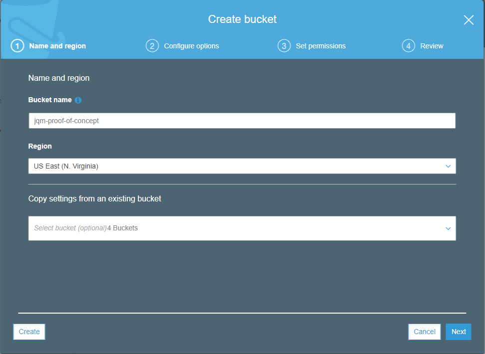 AWS Console - Create S3 bucket window with Bucket name set to 