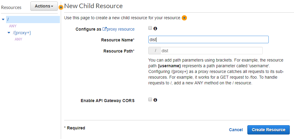 AWS Console - New Child Resource screen with Resource Name set to 