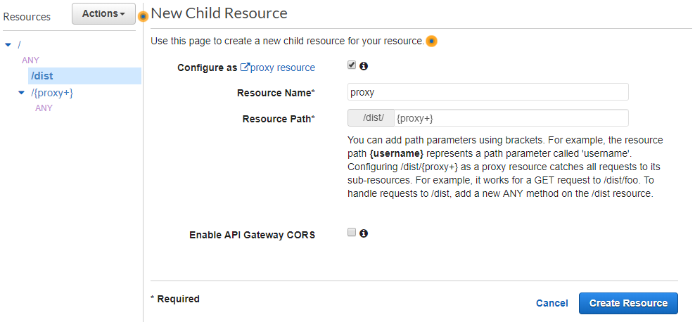 AWS Console - New Child Resource screen under 