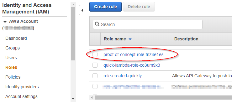 AWS Console - IAM Roles screen with role 