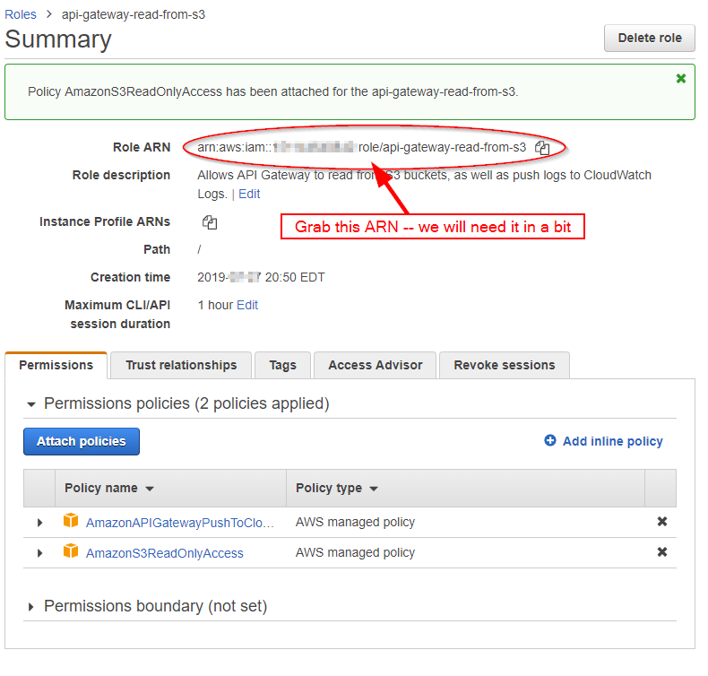 AWS Console - Role Summary screen for role 