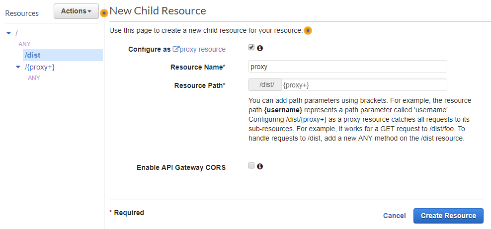 AWS Console - New Child Resource screen with Resource Name set to 