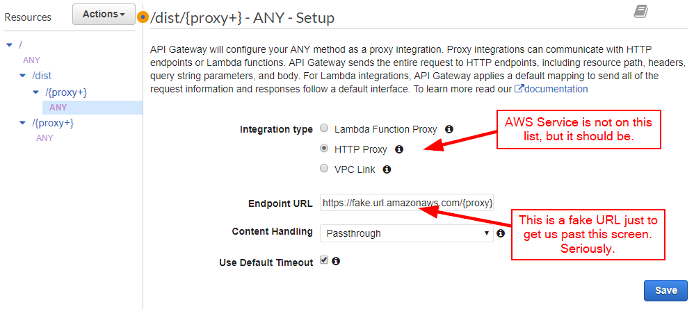 AWS Console - /{proxy+} ANY method setup screen with integration type options 