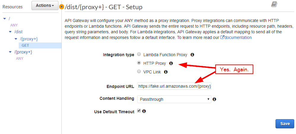 AWS Console - /{proxy+} GET method setup screen with integration type options 