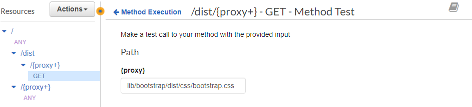 AWS Console - Method test screen for GET with Path parameter set to 