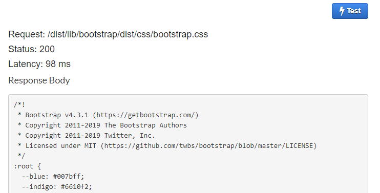 AWS Console - showing a successful test of the GET method with outputs Request: /dist/lib/bootstrap/dist/css/bootstrap.css  Status: 200  Latency: 98 ms  and Response Body with CSS content