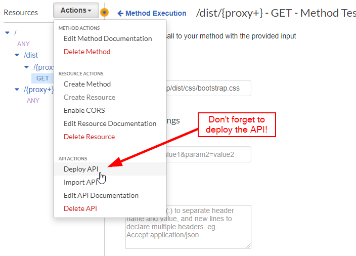 AWS Console - Actions dropdown with Deploy API highlighted with message, 
