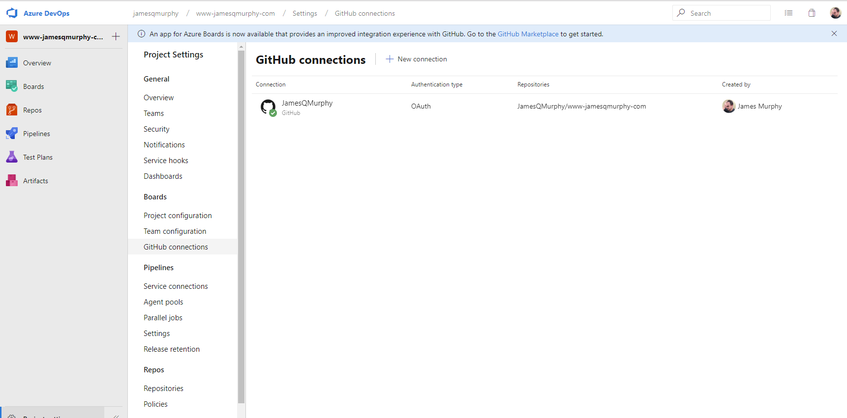 GitHub Connections in Azure DevOps showing single connection to JamesQMurphy