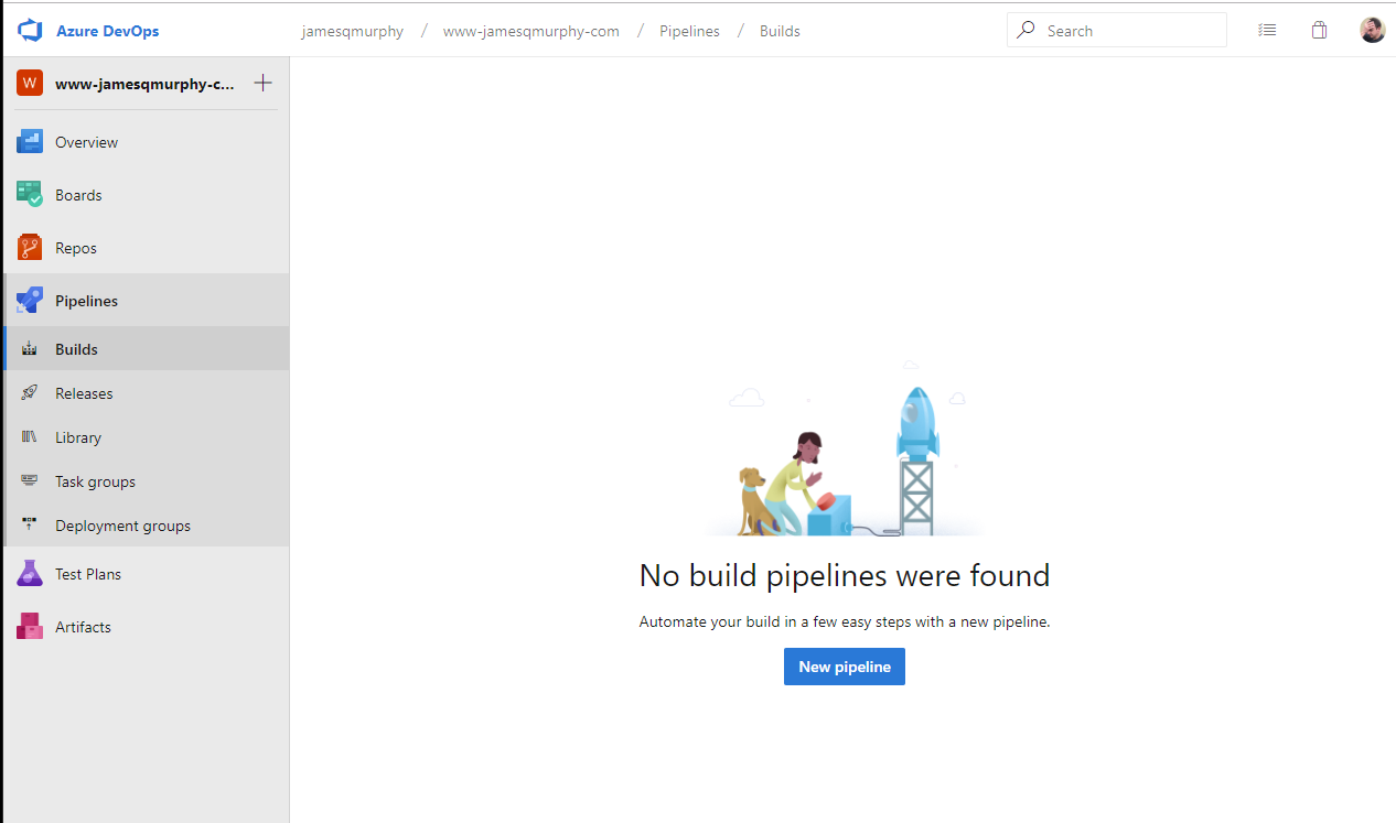 Azure DevOps empty build pipeline screen with message, 
