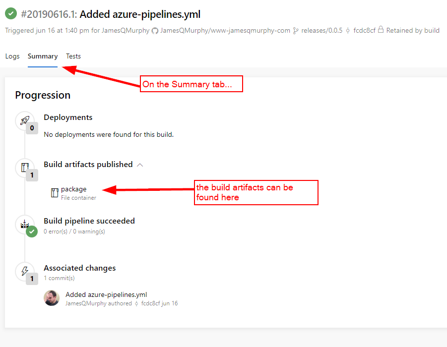 Azure DevOps screen build summary with Summary Tab selected and Build Artifacts section highlighted with message, 