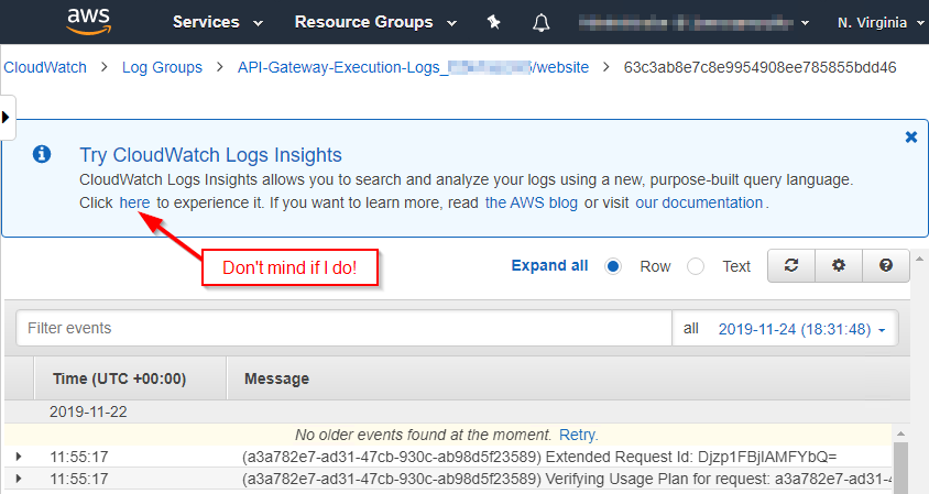 Screen capture of AWS CloudWatch Logs with 