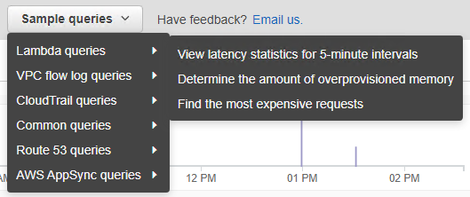 Sample queries dropdown showing options for Lambda queries, VPC flow log queries, CloudTrail queries, Common queries, Route 53 queries, and AWS AppSync queries