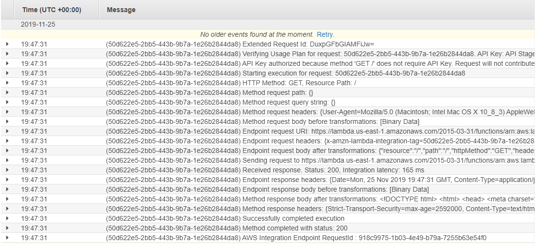 Screenshot of CloudWatch Logs for API Gateway, showing timestamp and message fields