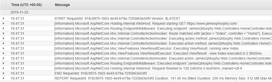 Screenshot of CloudWatch Logs for Lambda, showing timestamp and message fields