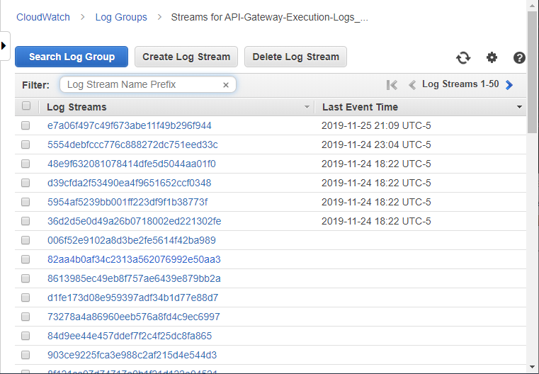 Screenshot of a CloudWatch Log Group Page, showing a list of Log Streams