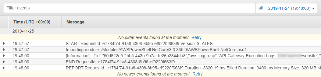 CloudWatch Log Steam output from PowerShell Lambda Function