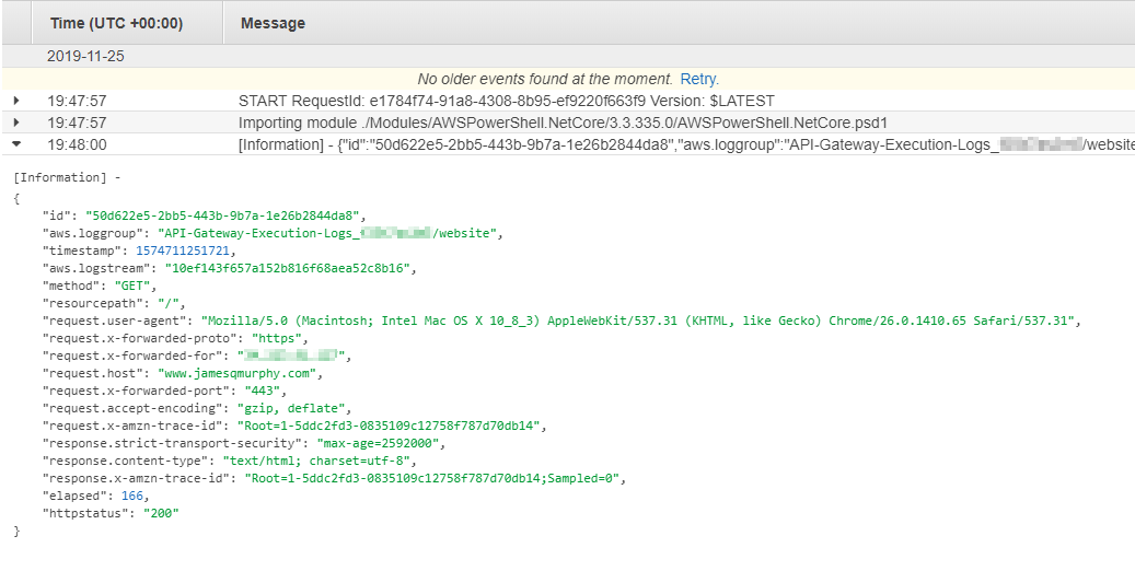 CloudWatch Log Steam output from PowerShell Lambda Function with JSON message expanded