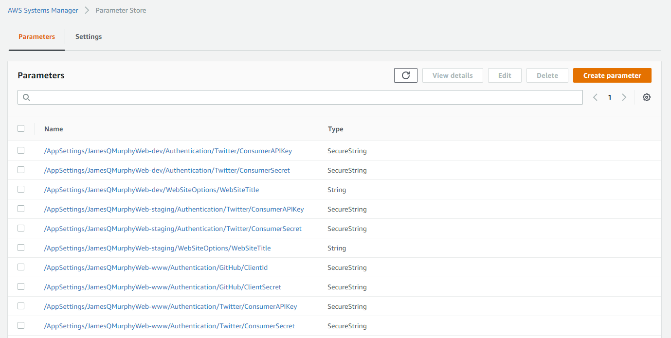 Screenshot of AWS Parameter Store