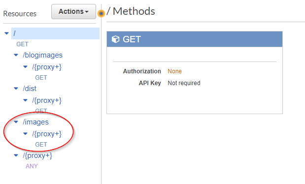 Screenshot of API Gateway console, showing root resource with /blogimages, /dist, newly-added /images, and /{proxy+} resources underneath.